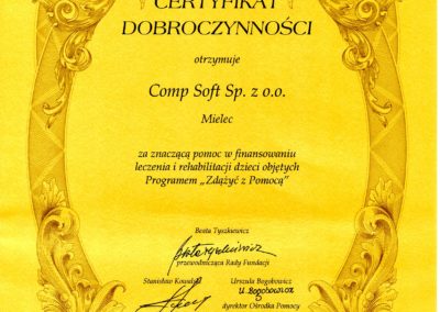 Certyfikat Dobroczynności F Zdążyć z Pomocą 2009-08